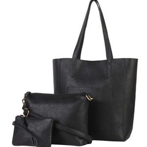 Black Vegan Leather 3 N 1 Tote Handbag: